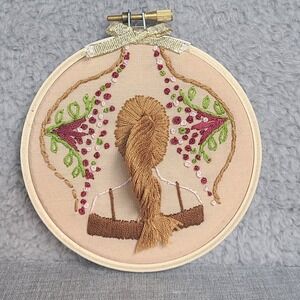 Vintage Embroidery Hoop Wall Art Girl Handmade Floral Needlework Boho Folk